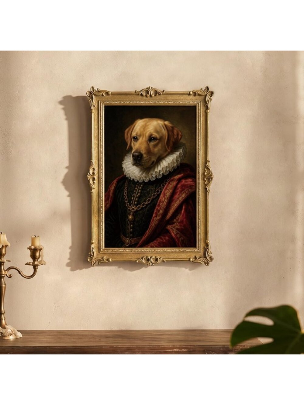 Vintage Baroque Dog Portrait Wall Art, Ornate Framed Canvas Print, Antique Gold